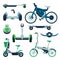 Personal Eco Friendly Electric City Transport Collection, Segway, Gyroscooter, Electro Bike, Monowheel Vehicles Vector