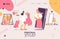 Personal stylist landing page or banner template. Pink and yellow, woman choosing dress to wear. Vector outline characters and