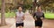 Personal trainer, fitness and man running outdoor with mature man run for exercise and sports. Nature, park trail and