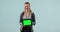 Personal trainer, fitness and woman with green screen on tablet with mockup for website in studio. Portrait of happy