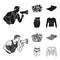 Personal trainer, fruit salad, mat, female waist. Fitnes set collection icons in black,monochrom style vector symbol