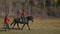The personal trainer is leading the horse in a circle with the female beginner sitting in the saddle.