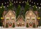 Personalized Christmas decoration cookie house with pine trees, lights and snow on the ground, for studio photography