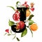 Personalized flower alphabet. Stylish letter `J` decorated with orange fruits, flowers and pomegranate.