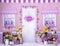 Personalized lilac flower shop romantic decor, with lots of colorful spring flowers for the first birthday
