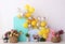 Personalized romantic decoration with colorful spring house and vases for first birthday