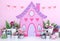 Personalized romantic decoration of cute little house with natural colored flowers for photography in photo studio