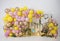 Personalized romantic decorations, backdrop, background with colorful spring flowers, balloons, lights for the first birthday