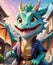 A personified little dragon, wearing a smile, looking at you.