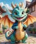 A personified little dragon, wearing a smile, looking at you.