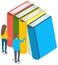 Persons choose books in online library or bookstore, stand near stack of large multi-colored books