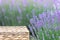 Perspective background with wooden table for your design. Lavender field region Provence