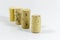 Perspective shot of multiple wine corks with blurry white background