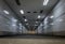 Perspective view of Ambient public underpass with white tiled walls and stripes of ceiling neon lights