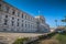 Perspective view of Assembly of the Republic building in Lisbon. White stone facade of monumental Portuguese parliament - Sao