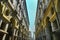 Perspective view of baroque style downtown ancient buildings and arcades Turin Italy