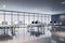 Perspective view on big open space office with minimalistic interior design, stylish work places and great night city view from