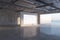 Perspective view on blank white poster with empty place on grey partition in spacious underground hall with water pipes on wall