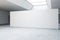 Perspective view of bright gallery with blank white wall background and concrete grey floor. 3D Rendering, mockup