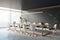 Perspective view of empty conference room with office table and chairs, panoramic window, stone floor and dark walls. 3D