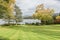 Perspective view of lake Derwentwater from a sunlit garden