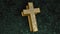 Perspective View Luxury Gold Shiny Floral Metal Style Cross Jesus Christianity Symbol On Dark Green Floral Metal Floor 3D