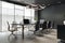 Perspective view on modern black marble table with laptops surrounded by stylish chairs in conference room with bronze chandelier