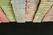 Perspective view of piled books arranged in rows