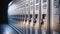 Perspective view of a row of metal lockers with combination locks in a corridor