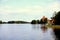 Perspective view and sailboat, lake GalvÃ© and the Trakai Castle, Vilnius, Lithuania