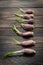 Perspective view of sprouted garlic on wooden rustic table