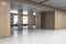 Perspective view on stylish wooden wall partition in spacious conference hall with light glossy floor and chair rows on background