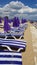 Perspective view to row of striped chaise-longues and purple closed parasols
