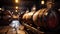 Perspective of vintage wooden barrels stored in dark wine cellar, old brown oak casks in storage of winery. Concept of vineyard,