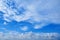 Perspective wide view of romantic navy blue sky with white grey clouds. High resolution artistic skyline background image