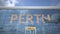PERTH city name and landing plane at modern airport. 3d rendering