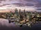 Perth, Western Australia / Australia - May 26, 2021: Aerial high angle drone view of Perth`s CBD skyline