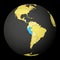 Peru on dark globe with yellow world map.