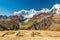 Peru inscription and epic view from Huayhuash hiking route to Cordillera Huayhuash snowed peaks behind Jahuacocha lagoons, Peru