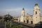 Peru Lima Plaza de Armas Matropolitan Cathedral with its bell tower Garden with flowers