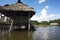 Peru Tingo Maria picturesque lagoon of miracles in the Amazon jungle with wooden houses thatched roofs on the palafitos river with