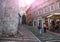 Perugia, Umbria, Italy. August 2020. One of the gateways to the historic center, the long stone staircase winds through it. People