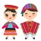 Peruvian boy and girl in national costume and hat. Cartoon children in traditional dress isolated on white background. Vector