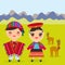 Peruvian boy and girl in national costume and hat. Cartoon children in traditional dress Landscape with mountains, green grass, ll
