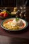 Peruvian comfort food aji de gallina with white rice and hard boiled eggs