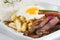 Peruvian food or lomo saltado with rice and fried egg