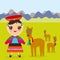 Peruvian girl in national costume and hat. Cartoon children in traditional dress Landscape with mountains, green grass, llamas. Ve
