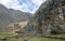 Peruvian mountain landscape with Ruins of Ollantaytambo in Sacred Valley of the Incas in Cusco, Peru