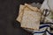 Pesach Jewish celebration with cup wine kosher matzah on traditional jewish passover holiday