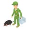 Pest control icon isometric vector. Sanitary worker with cage catches earth mole